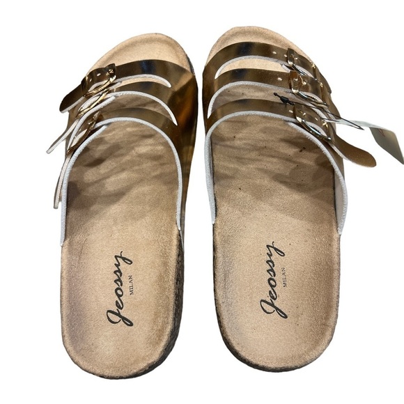 Milan Jeossy Women's Rose Gold Triple Strap Buckle Open Toe Cork Sandals 9.5 - Picture 2 of 8